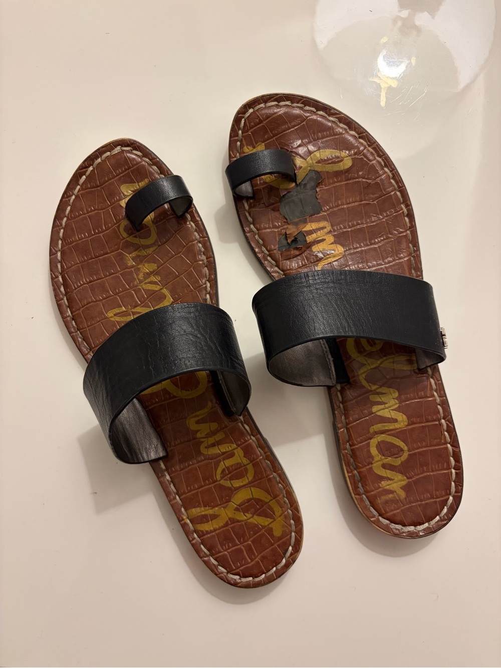 Sam Edelman Black Strap Brown Croc-Embossed Slide Sandals